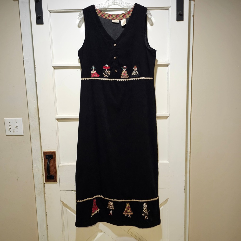 Bobbie Brooks Black Faux Suede Novelty Women Embroidery Jumper Dress Medium